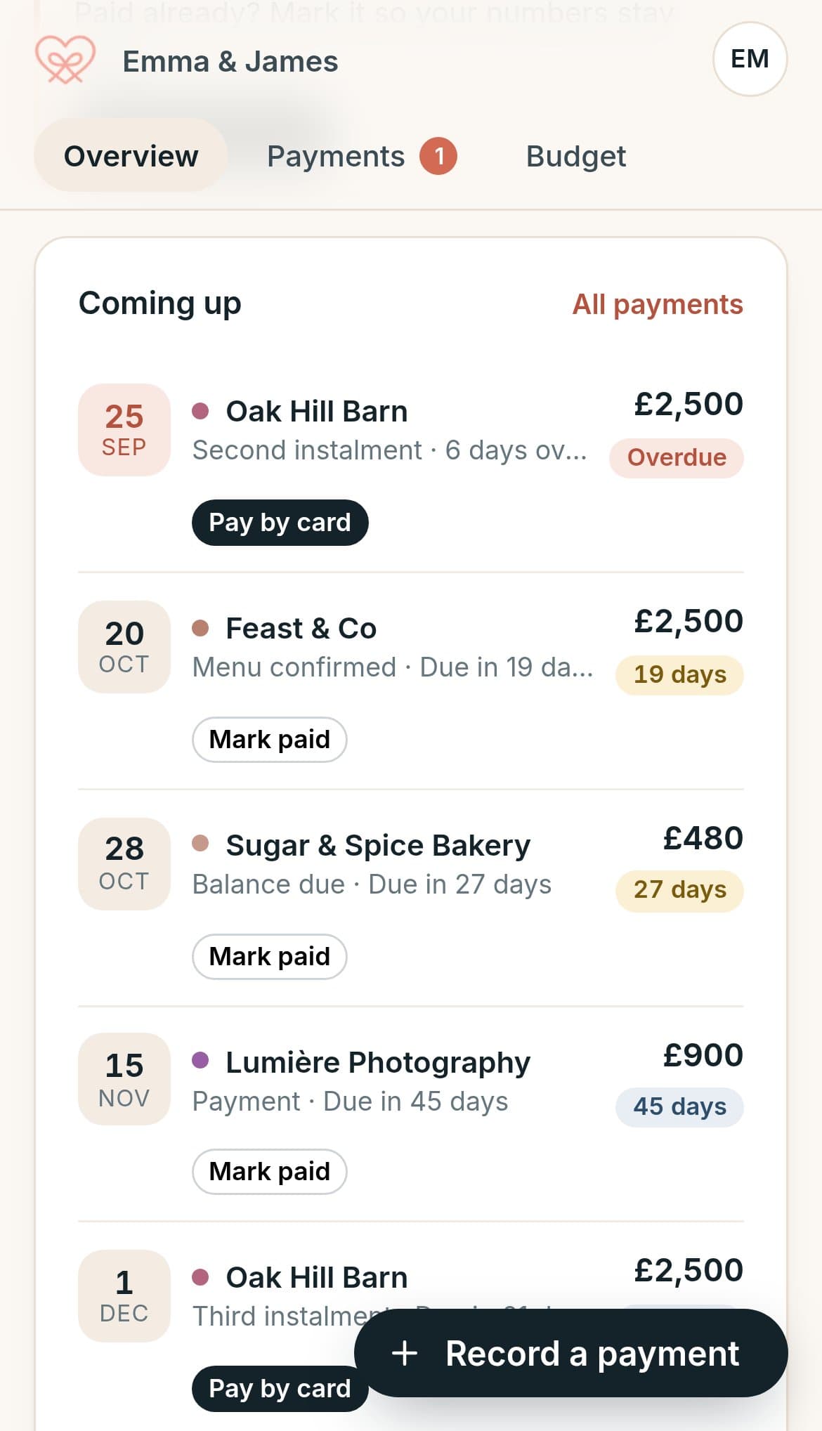 The couple's coming up list showing payments to the venue, caterer, photographer and other suppliers with days until each is due