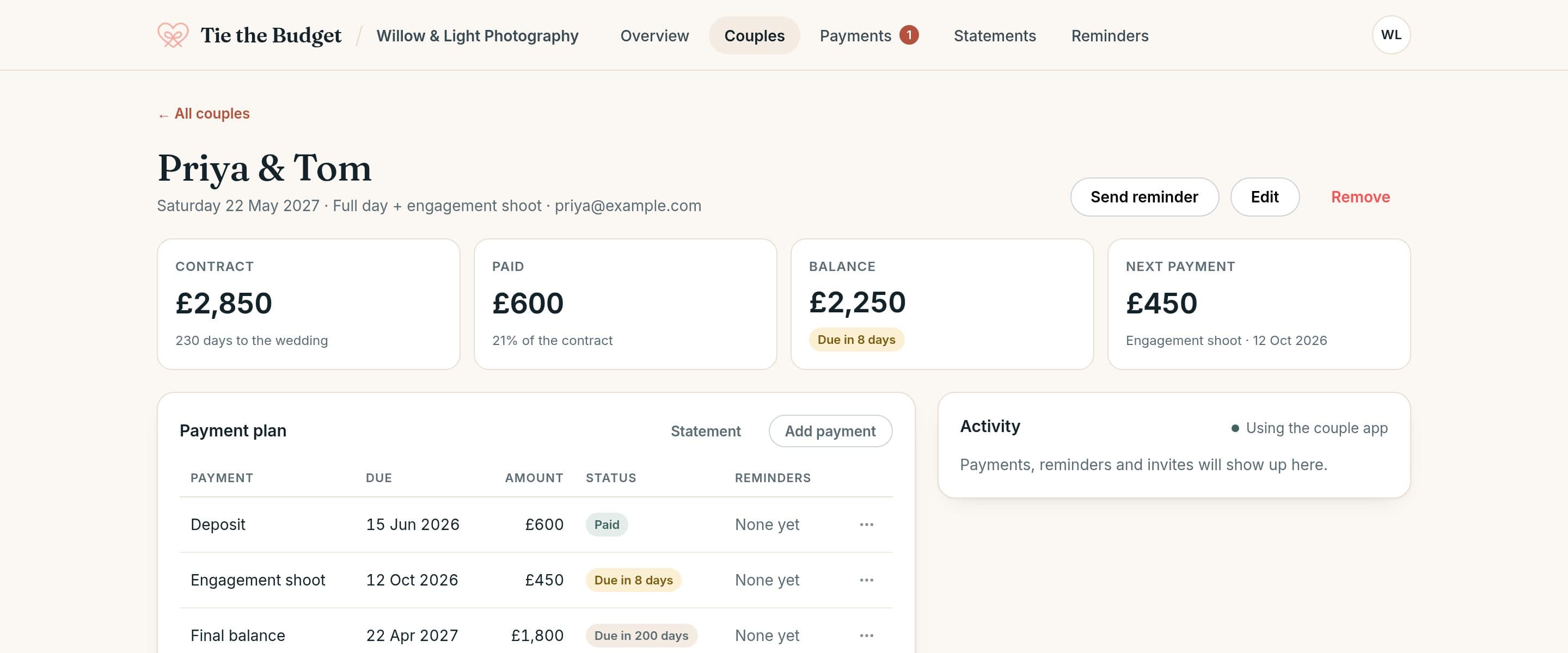 One couple's page showing their contract, amount paid by bank transfer, balance and next payment