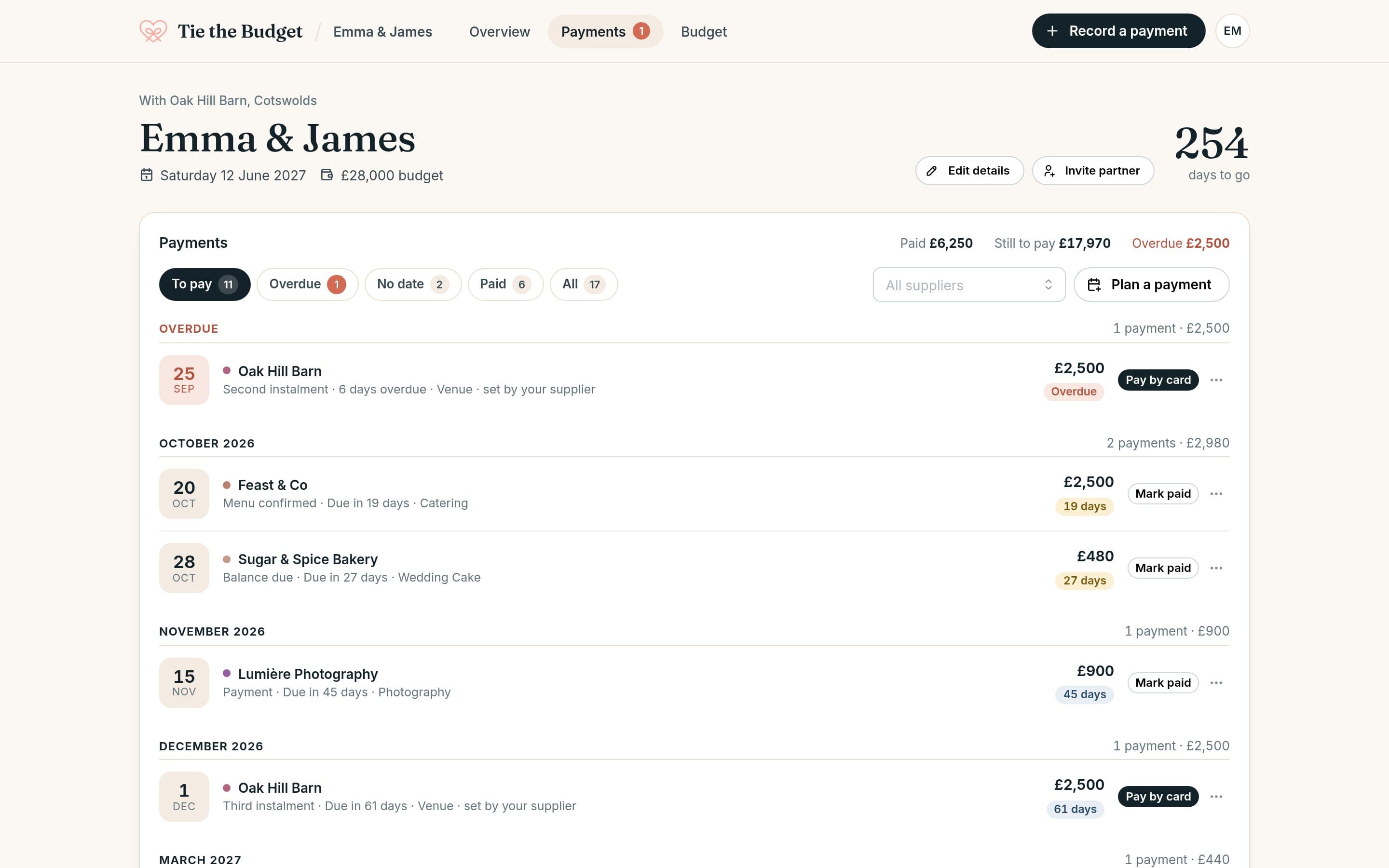 The payments list with an overdue supplier payment, payments grouped by month, and buttons to pay or mark payments paid